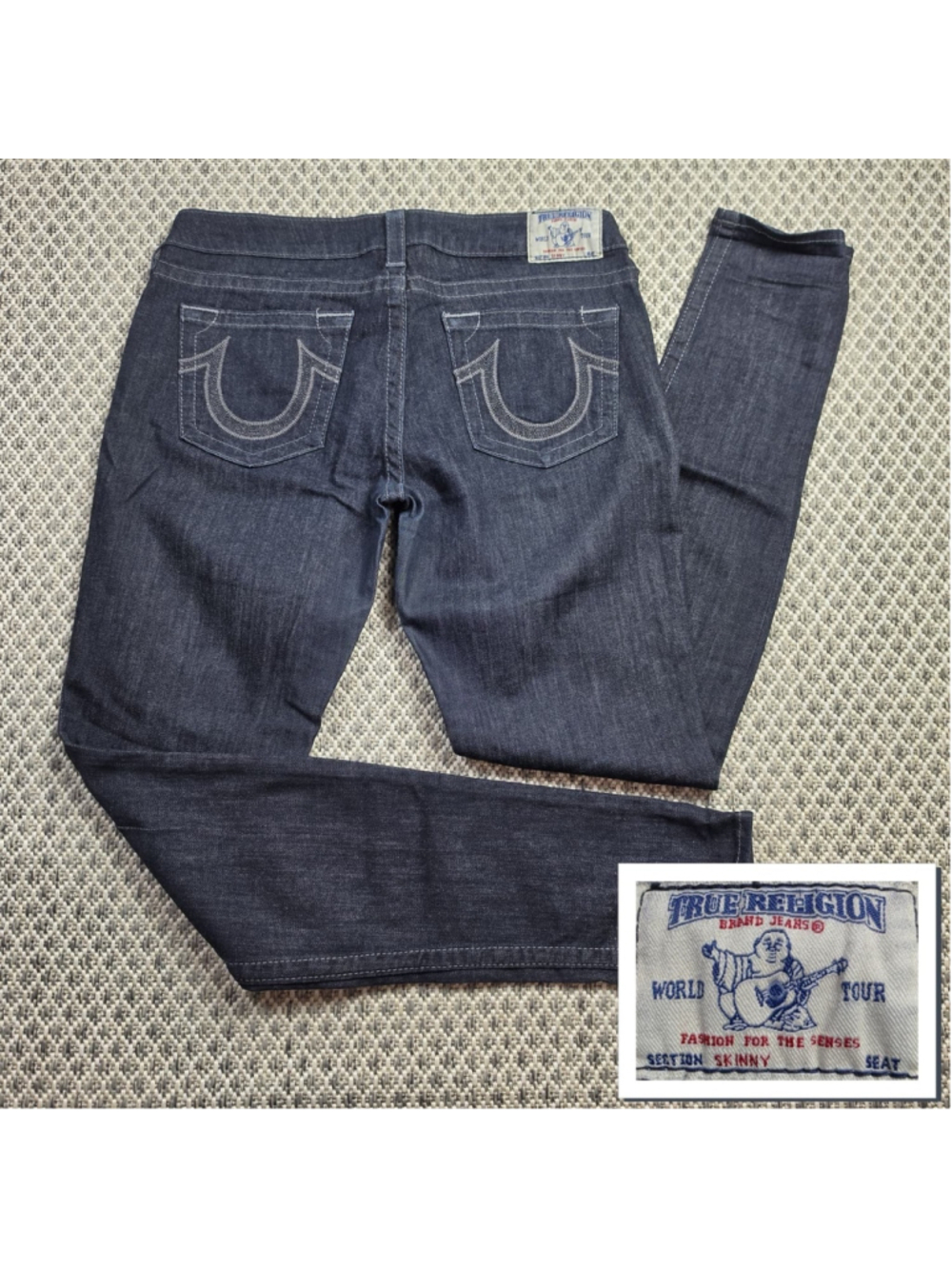 True Religion Womens Skinny Jeans 32 Dark Wash Made in USA Y2K Horseshoe Denim
